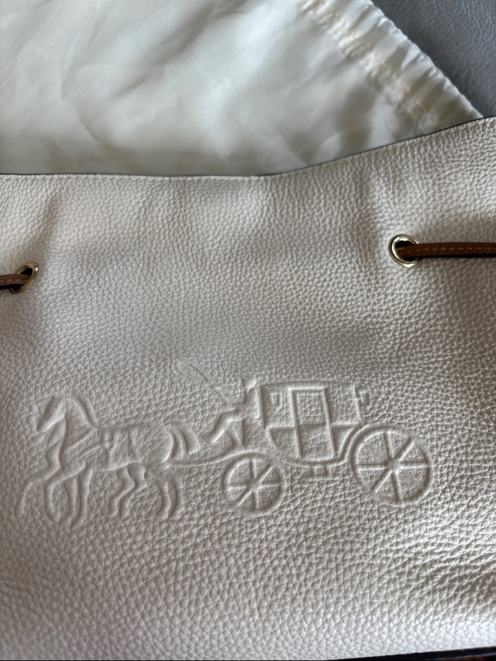 Coach White Pebbled Leather Tote with Tan Trim and Tassels - Picture 5 of 7